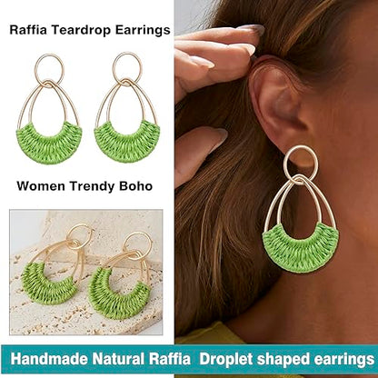 Raffia Hoop Earrings for Women Fun Boho Summer Beach Earrings Lightweight Handmade Straw Wicker Rattan Dangle Earrings Statement Geometric Round Drop Earrings - color: Green - Teardrop
