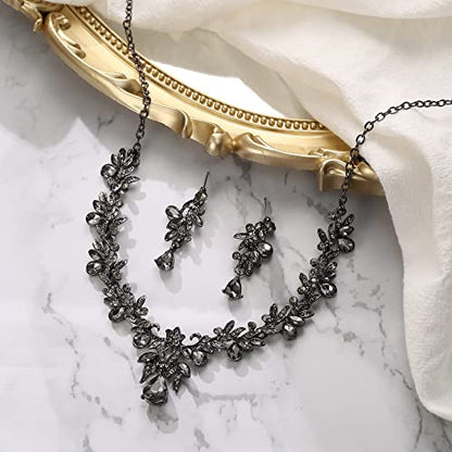 Women's Wedding Jewelry Set Leaf Flower for Bridal Prom Party | Stunning Crystal Teardrop Marquise Cluster Pendant Necklace Dangle Earrings Set for Bride Bridesmaid - color: 05-Grey Black-Tone