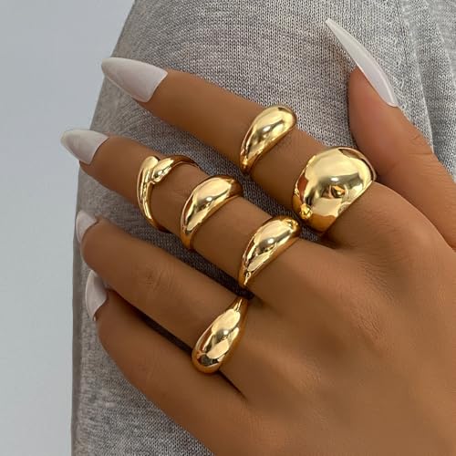 Chunky Rings for Women Non Tarnish 14k Stackable Dome Statement Rings Sets Vintage Dainty Knuckle Open Midi Finger Rings Jewelry Pack Gifts - style: 6PCS
