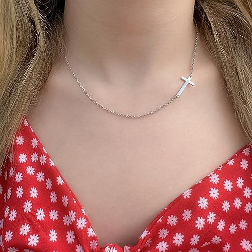 Sterling Silver Sideways Cross Necklace with Adjustable Rolo Chain and Faith Keepsake Card Gift For Women - style: Sterling Silver