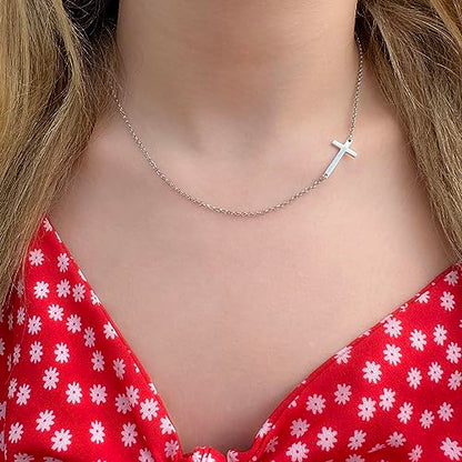 Sterling Silver Sideways Cross Necklace with Adjustable Rolo Chain and Faith Keepsake Card Gift For Women - style: Sterling Silver