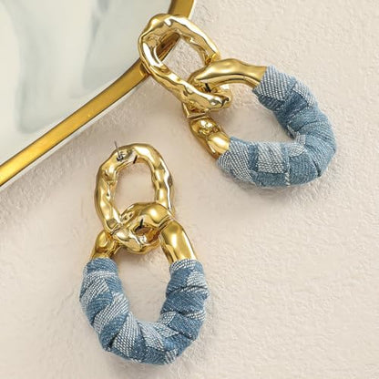 Chunky Gold Acrylic Chain Statement Earrings for Women,Exaggerated Thick Chain Artificial Leather Wrap Dangle Earrings Trendy Geometric Ear Jewelry - color: Denim