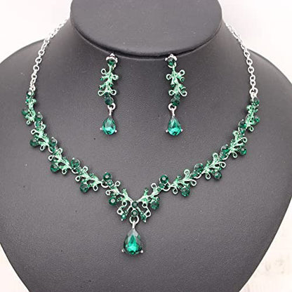 3Pcs Austrian Crystal Jewelry Set for Women, Necklace Dangle Earrings Link Bracelet Jewelry Set with Gold/Platinum/Gun Plated, Wedding Party Jewelry for Bridal Bridesmaid - color: Green-Platinum Plated
