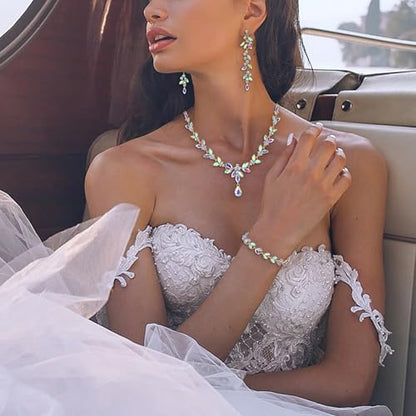 EVER FAITH Marquise Crystal Leaf Bridal Prom Jewelry Set for Women Bride | Rhinestone Wedding Party Necklace Dangle Earrings Tennis Bracelet, for Bridesmaid - color: Iridescent AB Gold-Plated-Base