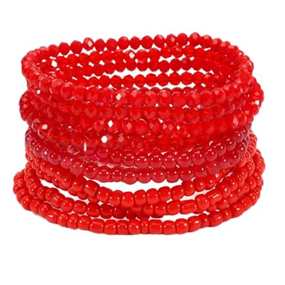 Caiyao 12Pcs Bohemia Multilayer Resin Seed Beaded Stackable Bracelets Colorful Crystal Glass Beads Stretch Bracelet BFF Friendship Elastic Wristbands for Women Men Summer Beach Boho Vacation Jewelry - color: Red