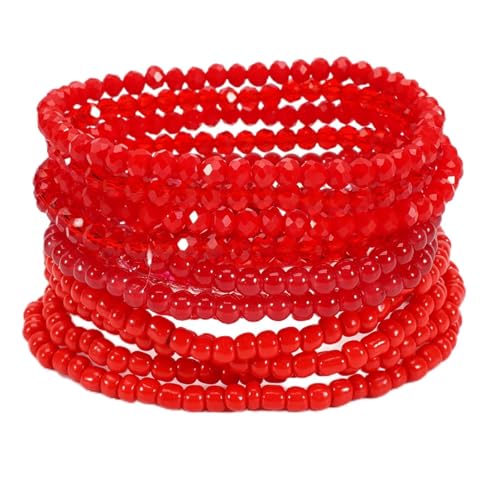 12Pcs Bohemia Multilayer Resin Seed Beaded Stackable Bracelets Colorful Crystal Glass Beads Stretch Bracelet BFF Friendship Elastic Wristbands for Women Men Summer Beach Boho Vacation Jewelry - color: Red