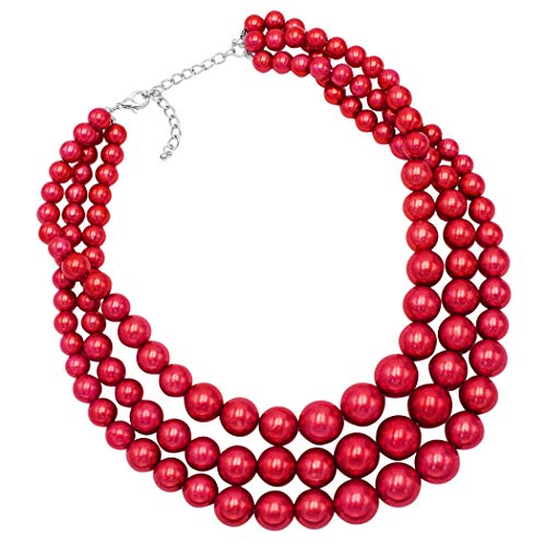 Rosemarie & Jubalee Women's 3 Colorful Multi Strands Simulated Pearl Necklace And Earrings Jewelry Gift Set, 18"+3" Extender - color: Metallic Red Silver Tone