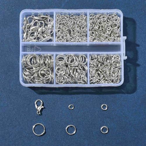 Jewelry Making Findings Kit with 5 Size Open Jump Rings, 20 Lobster Clasps | Complete Platinum Toned Jewelry Findings Kit with Packaging Box for DIY Crafts, Repair and Beading - color: Platinum