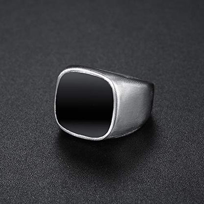 Men's Stainless Steel Square Biker Signet Ring, Black Silver Gold Styles | plain flat top, polished and brushed finish options, chunky profile, pinky or thumb styling, gift-ready for dad or him - color: Silver w/ Enamel Top