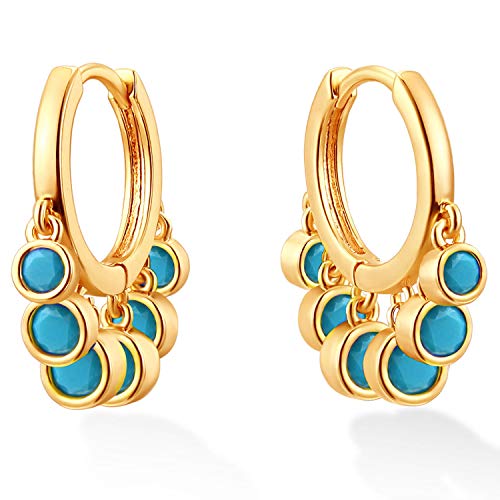 DREMMY STUDIOS Gold Dainty Huggie Hoop Earrings 18K Gold Plated Exquisite Open Tassel Dangle Charm Drop Sleeper Geometric Cross Coin Star Heart White CZ Simple Hypoallergenic Earrings for Women - color: Tassel-Turquoise