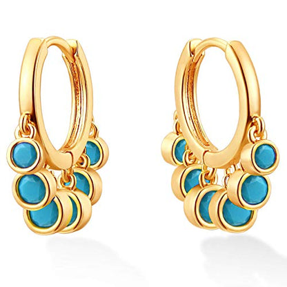 DREMMY STUDIOS Gold Dainty Huggie Hoop Earrings 18K Gold Plated Exquisite Open Tassel Dangle Charm Drop Sleeper Geometric Cross Coin Star Heart White CZ Simple Hypoallergenic Earrings for Women - color: Tassel-Turquoise