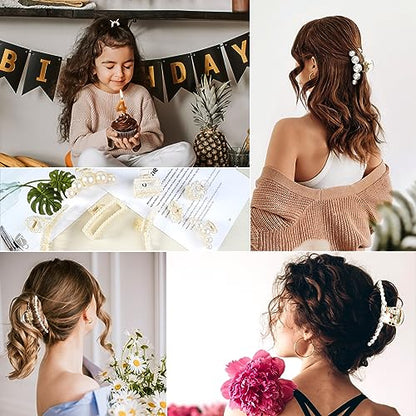 Pearl Hair Accessories for Women - 8PCS Claw Clips for Thick and Thin Hair, Barrettes for Styling and Weddings