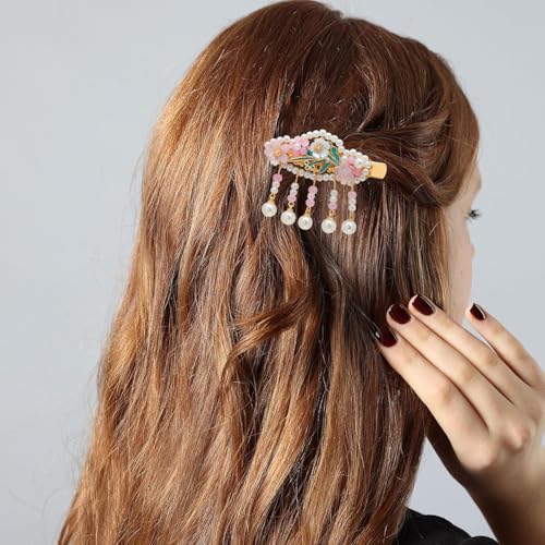 A Pair Wedding Hair Clips, Handmade Floral Design Crystal Hair Clips Pearl Barrettes, Rhinestones Flower Clips Pearl Headpieces Hair Pins Hair Accessories for Women Girls (Pink Flower) - color: Pink Flower