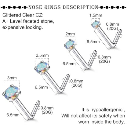 18G 20G 22G Titanium Stainless Surgical Steel Nose Rings Studs for Women L Shaped Nose Studs Screw Nose Ring Piercing Jewelry for Women Men Diamond CZ 1.5mm 2mm 2.5mm 3mm Silver Black Gold - style: 20g/AB CZ/L-shaped/Titanium