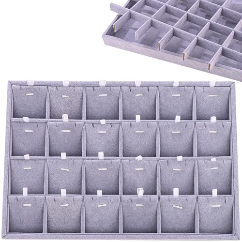 24 Grid Jewelry Tray Velvet Jewelry Display Tray with Removable Dividers | Jewelry Organizer Stackable Trays for Earrings Necklaces Bracelet Rings Display Showcase - Grey - color: Grey