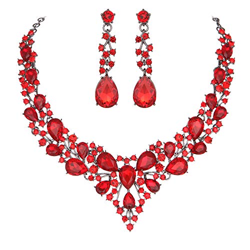 Molie Bridal Austrian Crystal Necklace and Earrings Jewelry Set Gifts fit with Wedding Dress - color: Red-Black tone