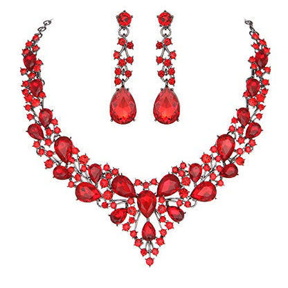 Molie Bridal Austrian Crystal Necklace and Earrings Jewelry Set Gifts fit with Wedding Dress - color: Red-Black tone
