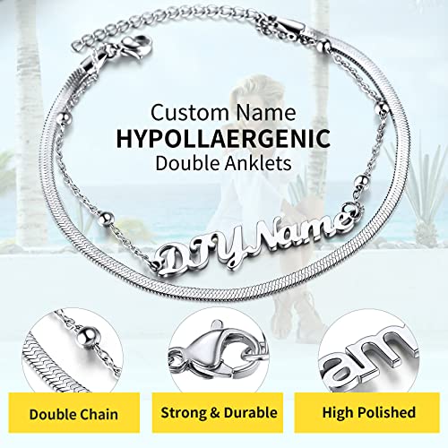 ChainsHouse Double Layer Anklet Bracelet for Women,Adjustable Chain Anklets Stackable Dainty Anklets,Stainless Steel/Gold Plated/Black Ankle Jewelry Gifts - color: A-Silver-Snake Chain