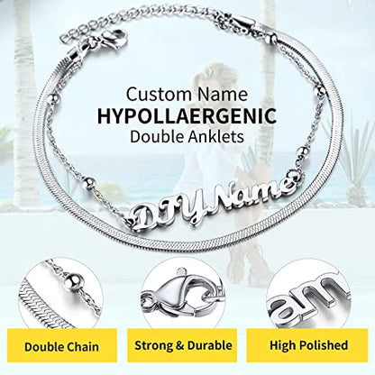ChainsHouse Double Layer Anklet Bracelet for Women,Adjustable Chain Anklets Stackable Dainty Anklets,Stainless Steel/Gold Plated/Black Ankle Jewelry Gifts - color: A-Silver-Snake Chain