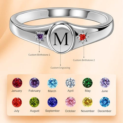 S925 Sterling Silver Personalized Initial Signet Ring Customized Letter With Birthstones Band Engraved Stacking Rings for Mother Daughter Wife Birthday Wedding Engagement Promise Ring - color: Style 1
