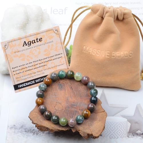 MASSIVE BEADS Handmade Yoga Stretch Elastic Bracelet Natural Stone Crystal Healing Power Energy Gifts for Unisex Adult 4mm 6mm 8mm 10mm - color: Indian Agate(Peaceful), size: 10mm