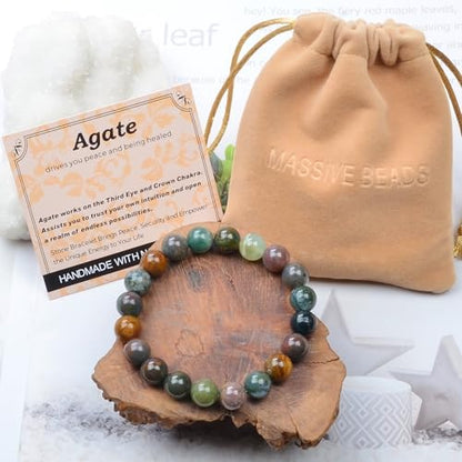 MASSIVE BEADS Handmade Yoga Stretch Elastic Bracelet Natural Stone Crystal Healing Power Energy Gifts for Unisex Adult 4mm 6mm 8mm 10mm - color: Indian Agate(Peaceful), size: 10mm