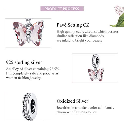 Hummingbird Charms For Bracelets 925 Sterling Silver Animal Dangle & Beads Butterfly Cat Beads Charms For Women Jewelry Gift - color: pink butterfly
