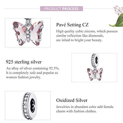 Hummingbird Charms For Bracelets 925 Sterling Silver Animal Dangle & Beads Butterfly Cat Beads Charms For Women Jewelry Gift - color: pink butterfly