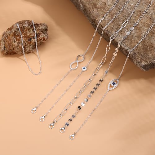 MILACOLATO 925 Sterling Silver Clasp Paperclip Chain Bracelets for Women | 14K White Gold Plated Adjustable Bracelets, Dainty Stackable Layered Satellite Beads Evil Eye Infinity Bracelets Jewelry Gift - color: Paperclip Chain + Satellite Chain