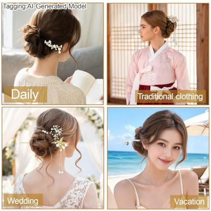8 Pcs Chinese Hair Sticks Set, Gold and White Japanese Hair Pin (Alloy) | Pearl Tassel Lily of the Valley Metal Flower Hairpins, Asian Traditional Styling Accessories for Women Buns - color: Alloy