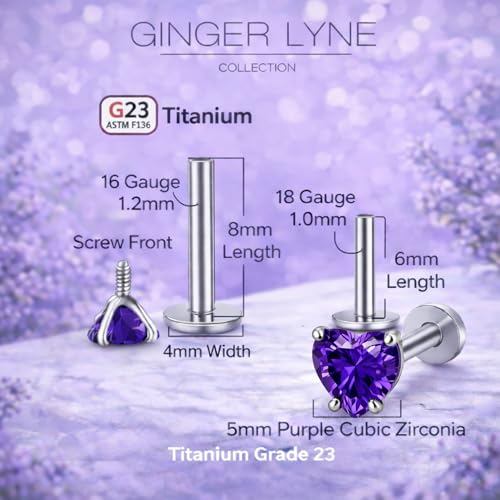 Titanium Heart CZ Labret Stud Earrings for Piercings by Ginger Lyne 6Pc Set G23 Screw Front Flat Back Body Jewelry 2 pair post 6mm, 8mm Cartilage, Helix, Tragus, Lip, Conch, Lobe - color: 5mm-DKPurple