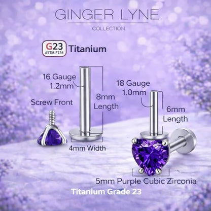 Titanium Heart CZ Labret Stud Earrings for Piercings by Ginger Lyne 6Pc Set G23 Screw Front Flat Back Body Jewelry 2 pair post 6mm, 8mm Cartilage, Helix, Tragus, Lip, Conch, Lobe - color: 5mm-DKPurple