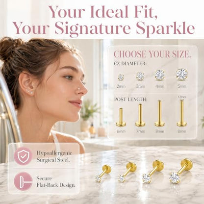 Hypoallergenic Nose Studs Flat Back Screw Ear Studs 18K Gold Plated 316 Stainless Steel, CZ Studs for Nose, Ear, Lip, Vertical Labret Piercing Jewelry, 2-5mm CZ 6-8mm Post with 1 Taper,4 Silicone Pads - color: Gold, size: 4mm