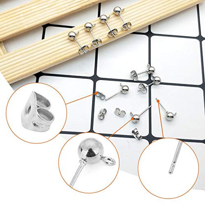 150Pcs Ball Post Earring Studs for Jewelry Making,Earring Studs Ball Post Earrings with Loop with 200Pcs Butterfly Earrings Back Replacements for DIY Jewelry Making Findings(White K) - color: White K