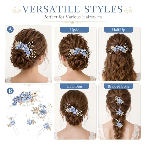 5 Pcs Blue Bridal Hair Comb and Hair Pins Set, Flower Wedding Hair Accessories with Rhinestones Pearls for Bride Bridesmaids Prom Party