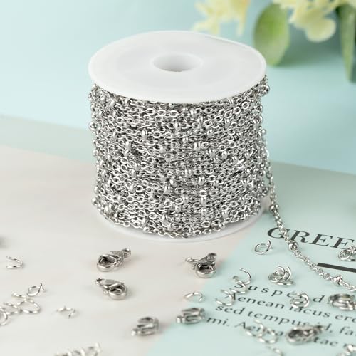 Kyutong Silver Cable Chain Spool 304 Stainless Steel Chains Link for Crafts | 32.8 Feet Small Beaded Chains for Jewelry Making Silver Bulk Chain for Women Men DIY Necklace Bracelet Earrings - color: Cross Bead Silver