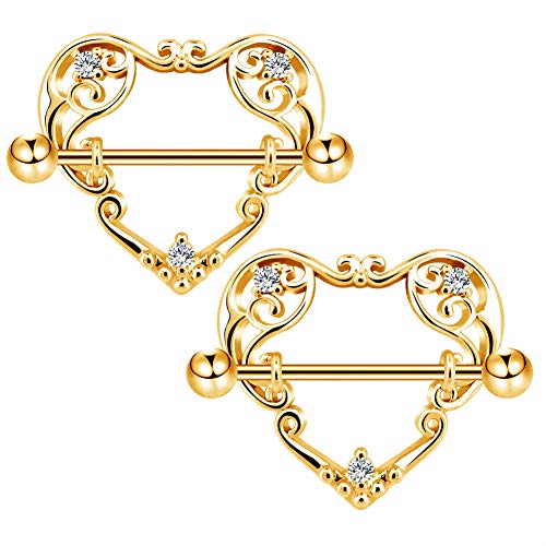 14G Heart Nipple Rings for Women Surgical Steel CZ Nipple Piercings Nipple Barbells Nipple Bars Gold Silver Rose Gold - color: Gold
