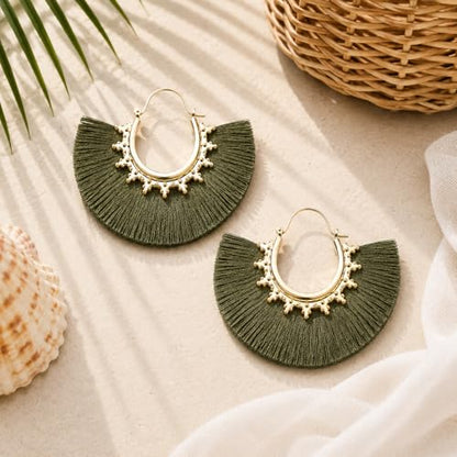 Tassel Hoop Earring Statement Thread Dangle Earrings Stylish Long Fringe Drop Earrings Lightweight Long Swingy French Hook Earrings for Women - color: B Army green