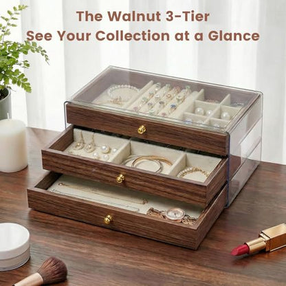 Wooden Jewelry Box for Women, 3-Layer Jewelry Organizers and Storage with 3 Drawers & Velvet Trays, Large Earring Holder, Necklace Ring Travel Case, Gift Box for Drawer, Wood - size: 3-Layer