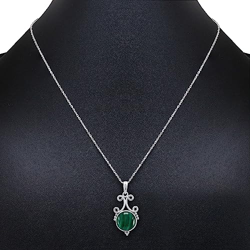 Natural Round Gemstone Pendant Necklace for Women, 925 Sterling Silver | Solitaire Birthstone Jewelry With 18 Inch Chain, Handmade Semi Precious Stone Pendant, Jewelry Gift for Mom, Wife & Sister - color: Malachite
