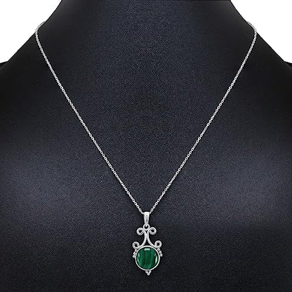 Natural Round Gemstone Pendant Necklace for Women, 925 Sterling Silver | Solitaire Birthstone Jewelry With 18 Inch Chain, Handmade Semi Precious Stone Pendant, Jewelry Gift for Mom, Wife & Sister - color: Malachite