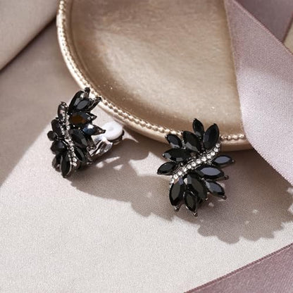 EVER FAITH Sparkly Rhinestone Clip-on Earrings for Women Bride, Fashion Marquise Crystal Cluster Wedding Bridal Stud Earring for Prom Formal Party - color: Black Black-Tone