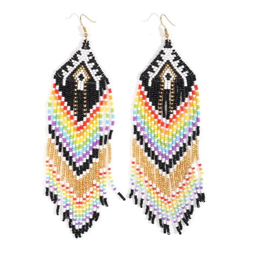 Bohemian Tassel Colorful Beaded Earrings For Women Trendy, Long Fringe Feather Drop Jewelry Handmade Gifts. - color: color7