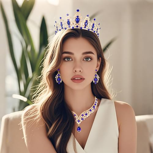 Crowns and Tiaras jewelry sets for Wedding princess birthday party Halloween Prom Pageant Jewelry for Women Crystal Bridal Jewelry Set for women - color: Gold Blue