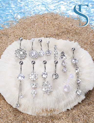 FIBO STEEL 14G Belly Button Rings Dangle 316L Stainless Steel Belly Rings for Women Navel Piercing Jewelry 12 Pcs - color: Silver Plated