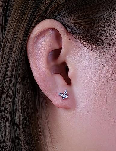 Limerencia G23 Hypoallergenic 18g Flat Back Stud Earrings | F136 Implant Grade Titanium Press Fit Threadless Push Pop in Cartilage Helix Labret Lip Monroe Tragus Piercing Studs - color: Butterfly CZ Silver