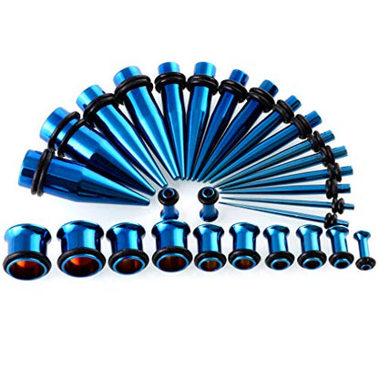 36pcs Ear Stretching Kit 14G-00G Surgical Steel Tapers Tunnels Gauges Set for Starter Women and Men Expanders Body Piercing Jewelry - color: Blue