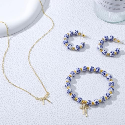 NEWITIN 2 Pieces Summer Beach Jewelry for Women Chunky Beaded Necklace Bracelet Trendy Big Resin Beaded Choker Boho Charm Statement Colorful Jewelry Set for Women - color: Gold Bow B