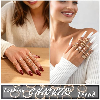 CHICUTIE Gold Knuckle Rings Set For Women Stackable Joint Finger Midi Rings Dainty Cubic Crystal Zirconia Simple Hollow Twist Cute Rings Pack Jewelry Gift - style: 52pcs Gold