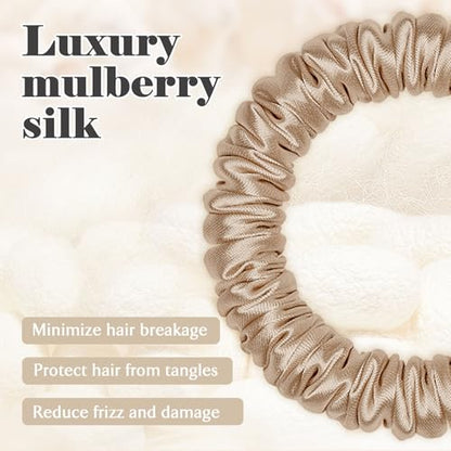 Scrunchies Hair Ties Silk Satin Scrunchy, WantGor Women 4PC Hair Bands | Pure Mulberry Silk Skinny Elastic Scrunchies Bracelets Ponytail Holders Hair Accessories (Champagne*4) - color: Champagne*4